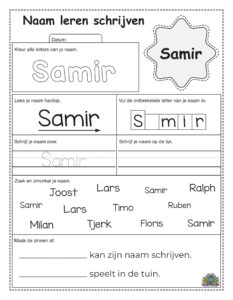 Educatief werkblad voor kinderen om naam Samir te oefenen met overtrekken, kleuren en zinnen maken