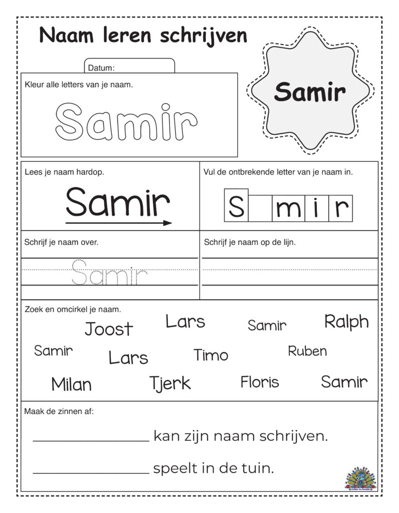Educatief werkblad voor kinderen om naam Samir te oefenen met overtrekken, kleuren en zinnen maken