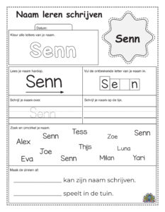 Werkblad voor kinderen om de naam Senn te oefenen schrijven met verschillende oefeningen