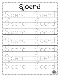 Oefenblad om de naam Sjoerd te schrijven met gestippelde letters voor schrijfoefening