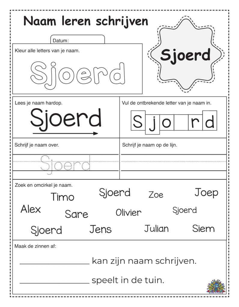 Oefenblad voor kinderen om de naam Sjoerd te schrijven met traceer- en schrijfopdrachten