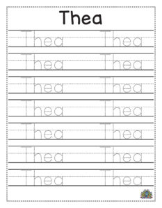 Werkblad om de naam Thea te traceren met stippellijnen voor kinderen