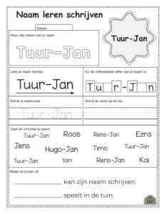 Educatief werkblad voor kinderen om de naam Tuur-Jan te schrijven met verschillende opdrachten