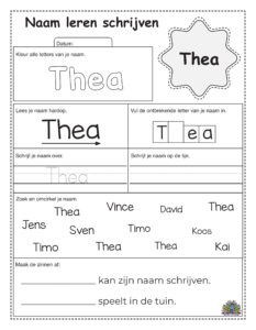 Werkblad om de naam Thea te leren schrijven en herkennen voor kinderen