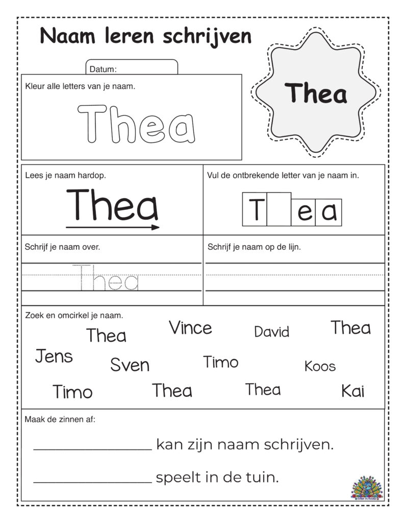 Werkblad om de naam Thea te leren schrijven en herkennen voor kinderen