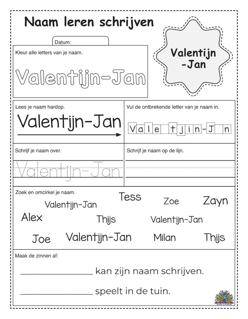 Werkblad kinderen naam Valentijn-Jan schrijven oefenen