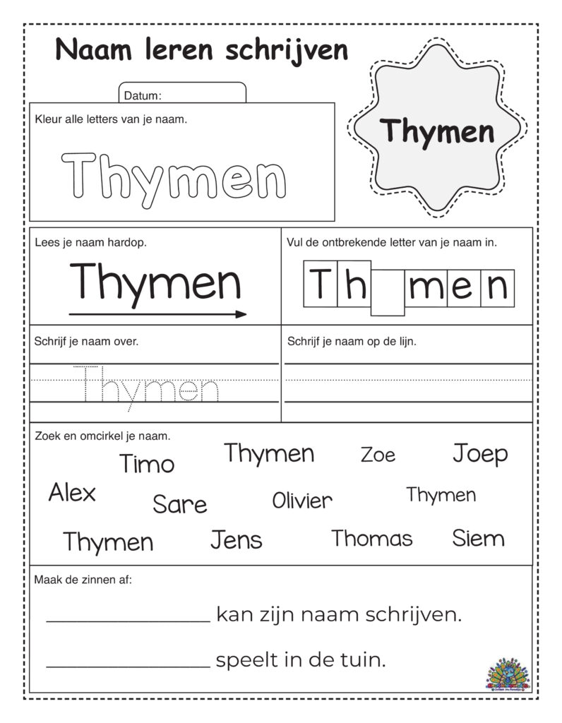 Werkblad voor kinderen om het schrijven van de naam Thymen te oefenen