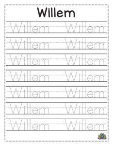 Oefenblad voor het traceren en schrijven van de naam Willem om schrijfvaardigheid te verbeteren