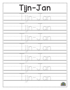 Werkblad om handschrift te oefenen met de naam Tijn-Jan met puntjes om na te trekken