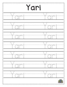 Werkblad om de naam Yari te leren schrijven met stippellijnen en schrijfoefeningen voor kinderen.