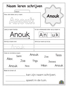 Werkblad voor kinderen om de naam Anouk te schrijven en te kleuren met oefenlijnen