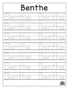 Oefenblad voor de naam Benthe met stippen en lijnen om te volgen