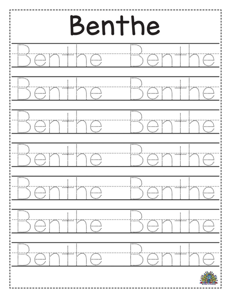 Oefenblad voor de naam Benthe met stippen en lijnen om te volgen