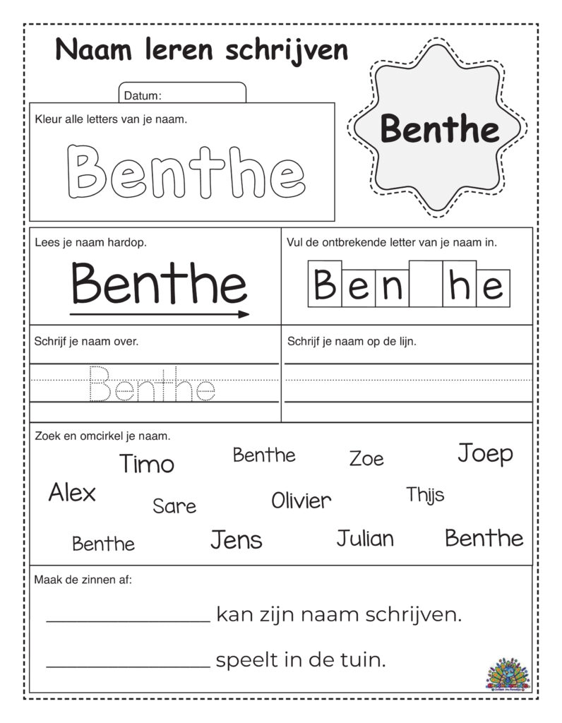 Oefenblad naam schrijven Benthe met traceren, kleuren en schrijfopdrachten voor kinderen