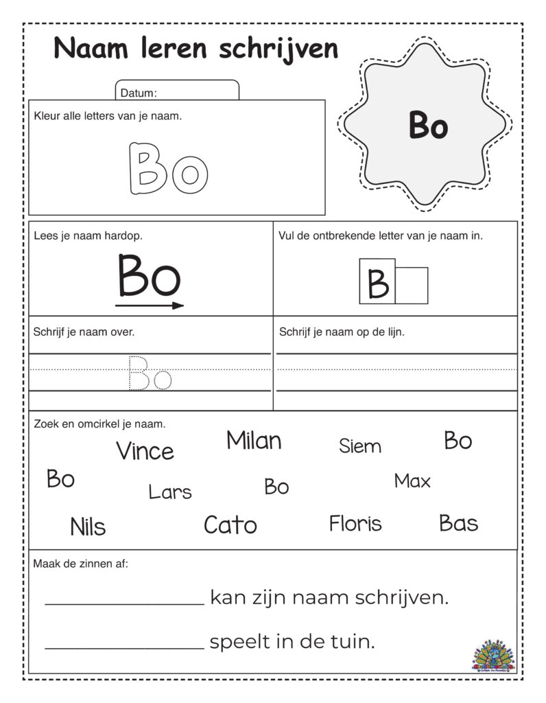Oefenblad voor kinderen met naam schrijven Bo om te kleuren, traceren en schrijven