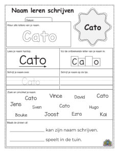 Oefenblad voor jonge kinderen om de naam Cato te schrijven met schrijf- en herkenningsoefeningen