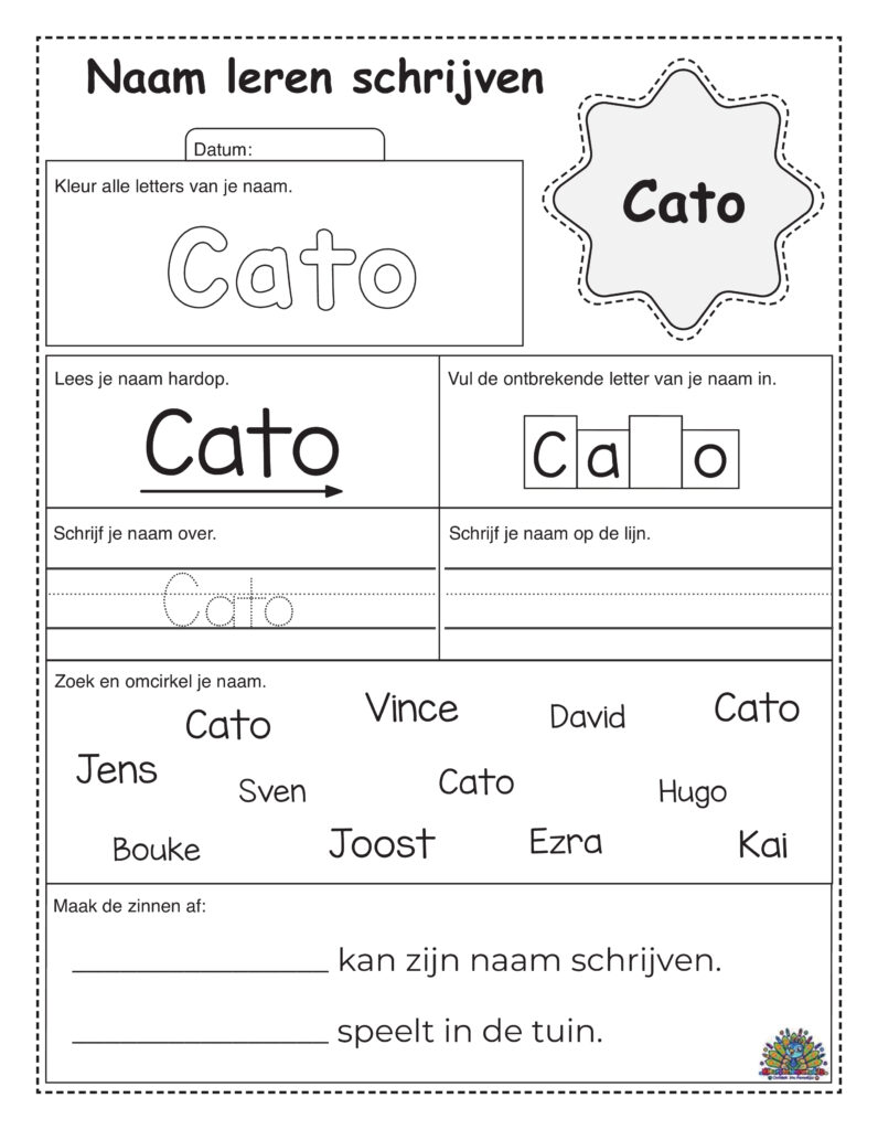 Oefenblad voor jonge kinderen om de naam Cato te schrijven met schrijf- en herkenningsoefeningen