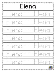 Werkblad met schrijfoefeningen voor kinderen om de naam Elena te traceren en te schrijven