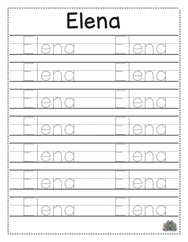 Werkblad met schrijfoefeningen voor kinderen om de naam Elena te traceren en te schrijven