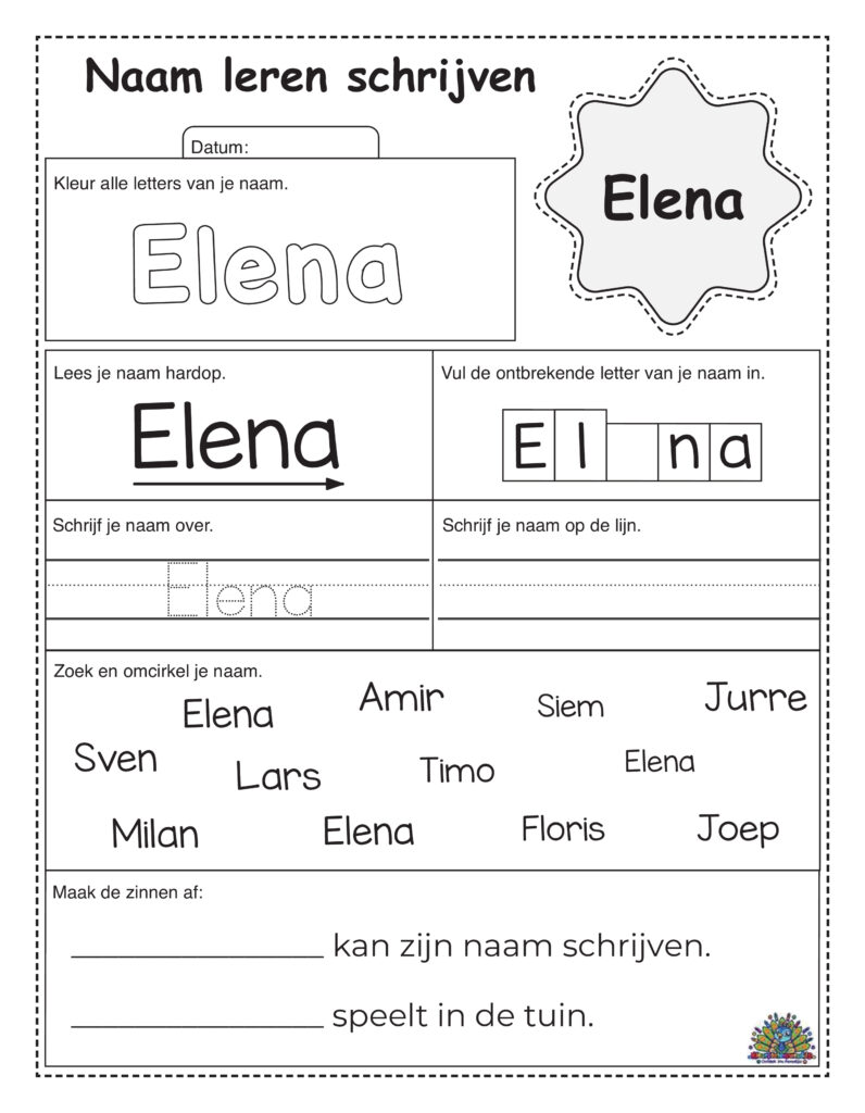 Oefenwerkblad voor het leren schrijven van de naam Elena voor jonge kinderen