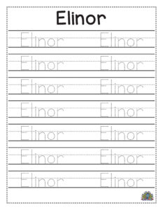 Werkblad met de naam Elinor om schrijfvaardigheid te oefenen voor jonge kinderen