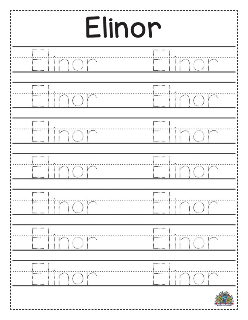 Werkblad met de naam Elinor om schrijfvaardigheid te oefenen voor jonge kinderen