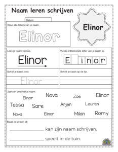 Oefenblad voor kinderen om de naam Elinor te kleuren en te schrijven
