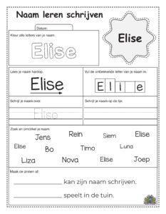 Werkblad voor peuters om naam Elise te oefenen met schrijven, inkleuren en herkennen