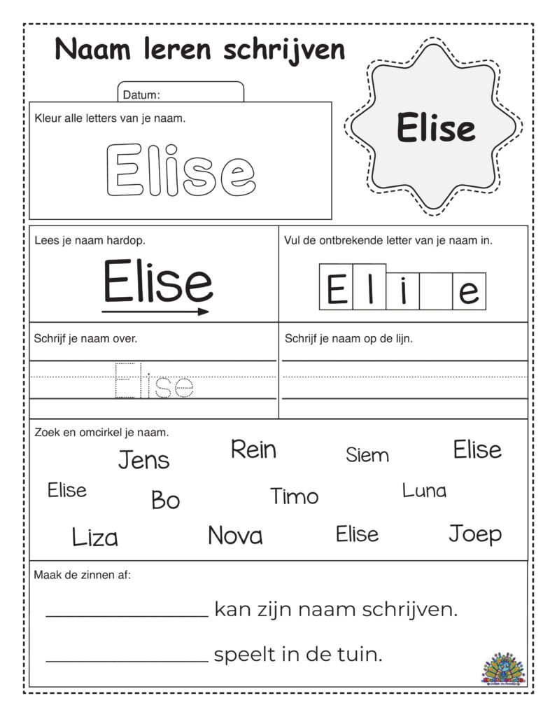 Werkblad voor peuters om naam Elise te oefenen met schrijven, inkleuren en herkennen