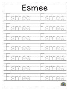 Werkblad voor handschrift oefenen met de naam Esmee en stippellijnen om letters te traceren