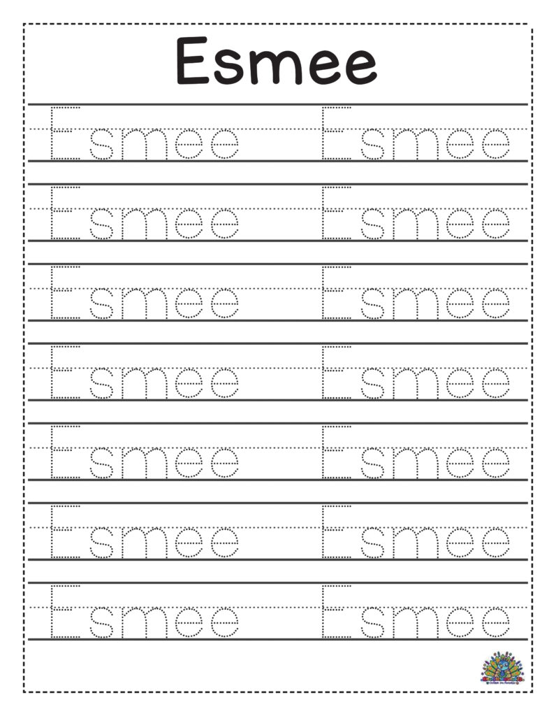 Werkblad voor handschrift oefenen met de naam Esmee en stippellijnen om letters te traceren