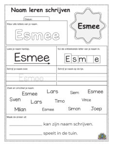 Oefenblad om de naam Esmee in het Nederlands te schrijven voor kinderen