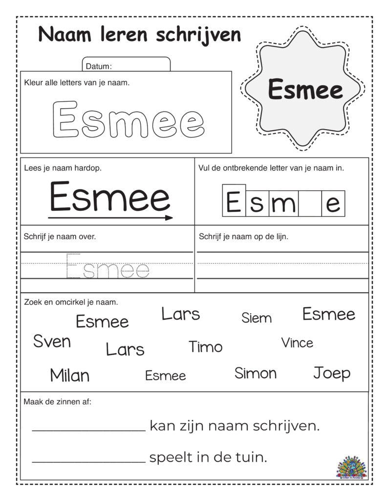 Oefenblad om de naam Esmee in het Nederlands te schrijven voor kinderen