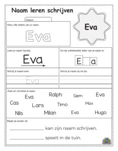 Werkblad voor naam leren en schrijven met kleur-, traceer- en herkenningsopdrachten voor de naam Eva