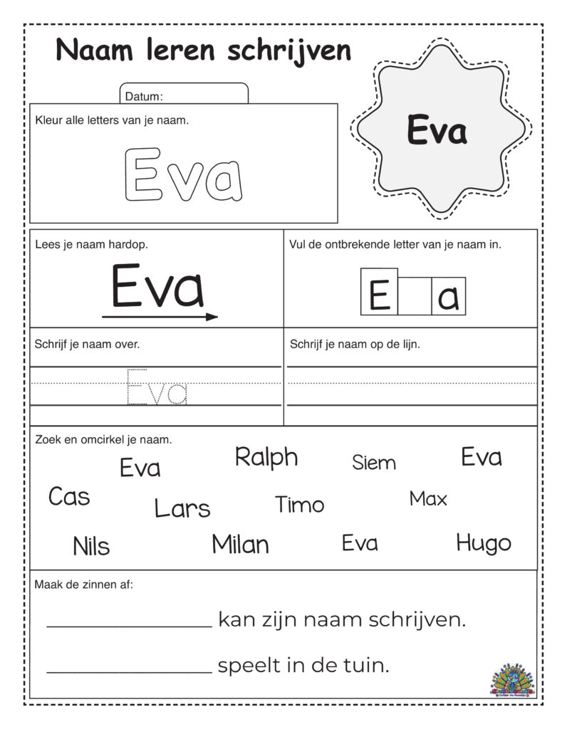 Werkblad voor naam leren en schrijven met kleur-, traceer- en herkenningsopdrachten voor de naam Eva