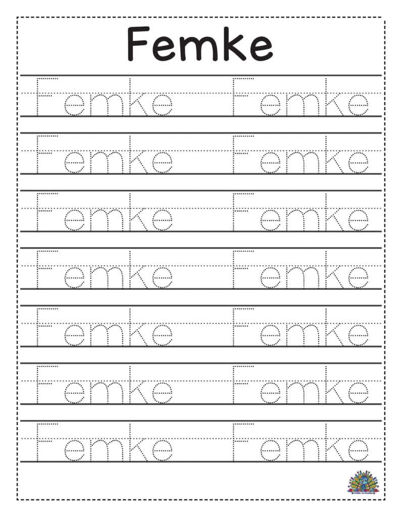 Schrijfwerkblad voor kinderen met de naam Femke in stipletters om over te trekken