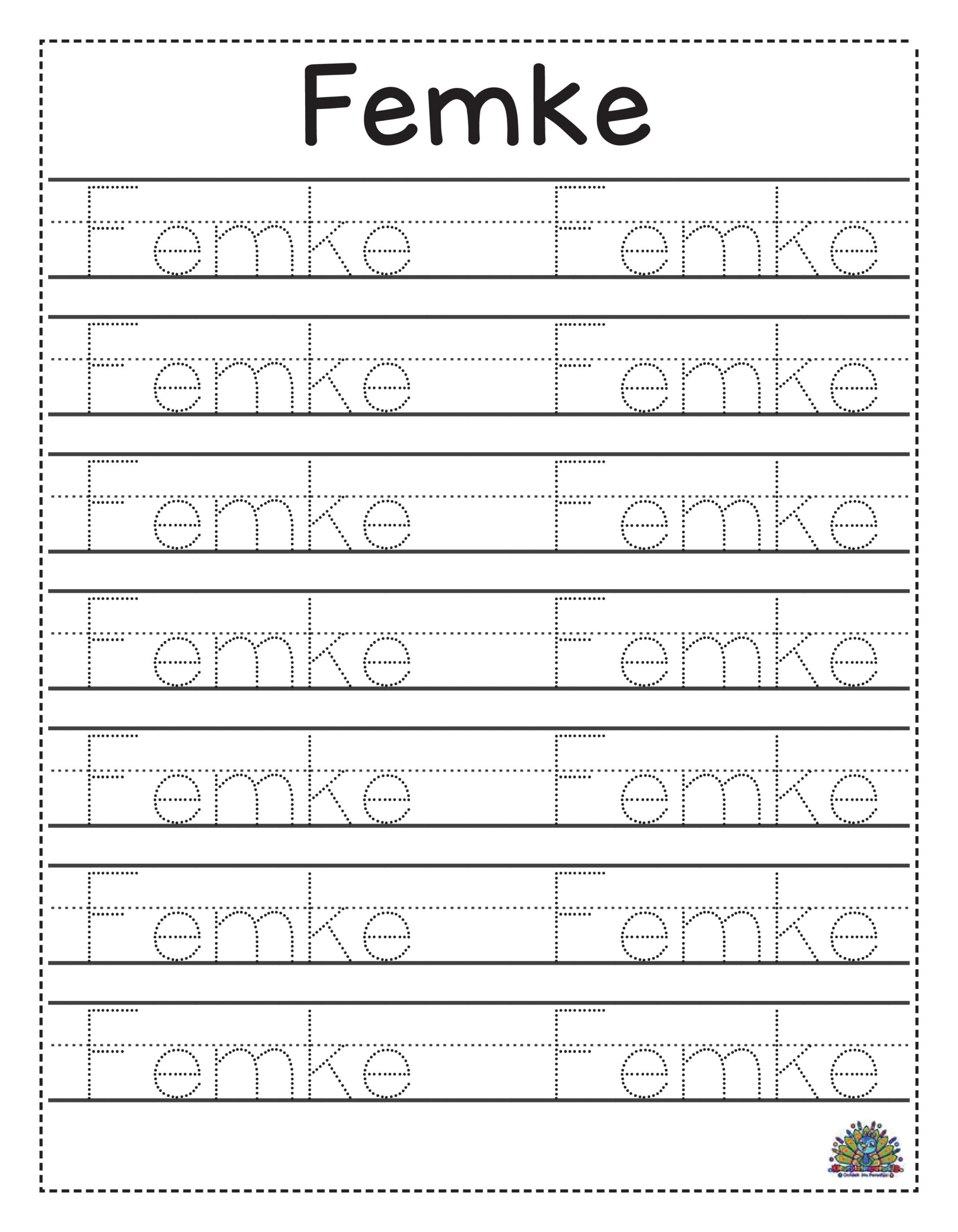 Schrijfwerkblad voor kinderen met de naam Femke in stipletters om over te trekken