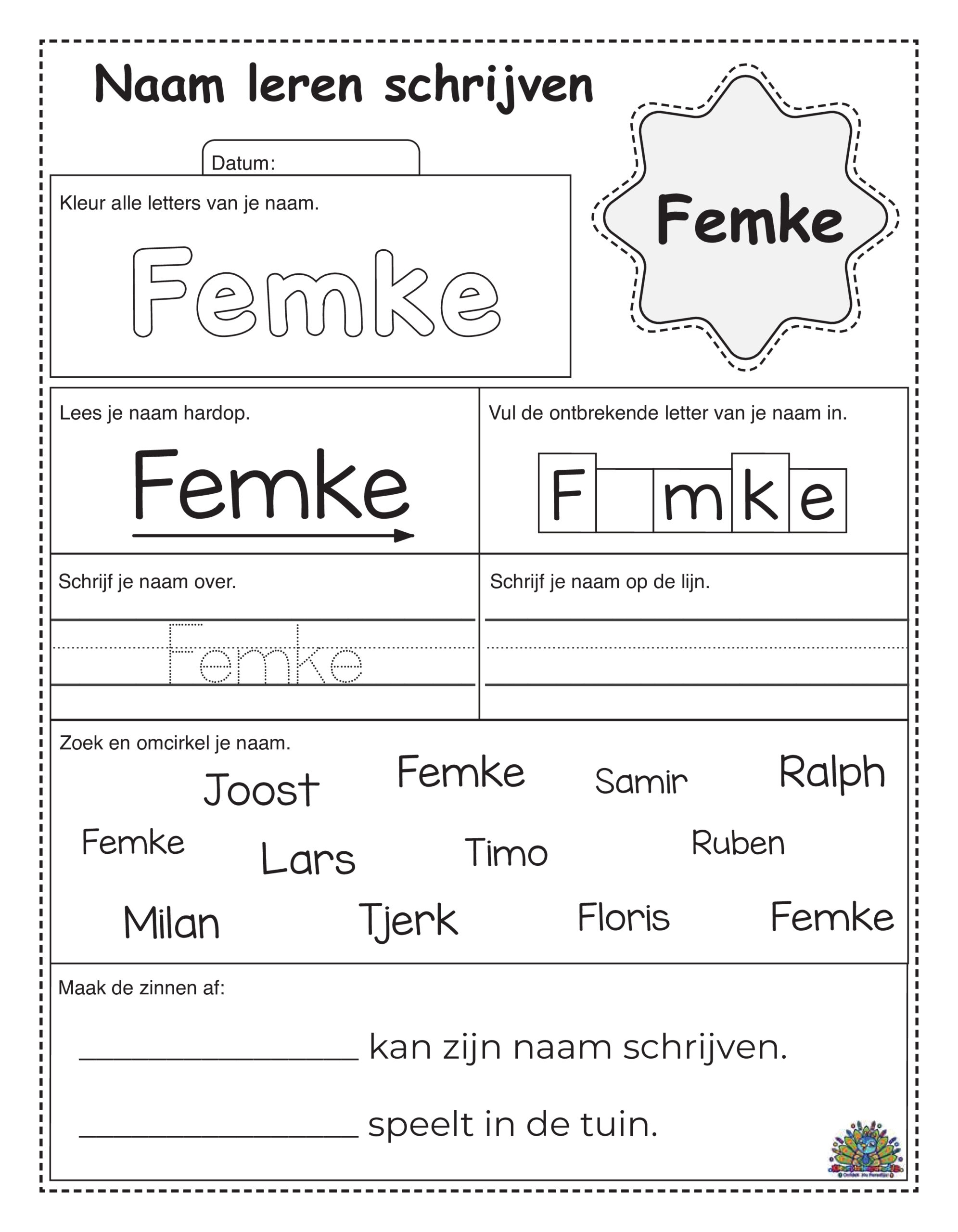 Werkblad om de naam Femke te leren schrijven met kleur-, lees- en schrijfoefeningen