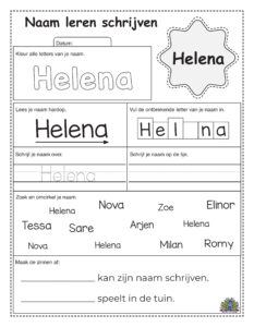 Werkblad om de naam Helena te leren schrijven met kleur-, lees- en schrijfoefeningen.
