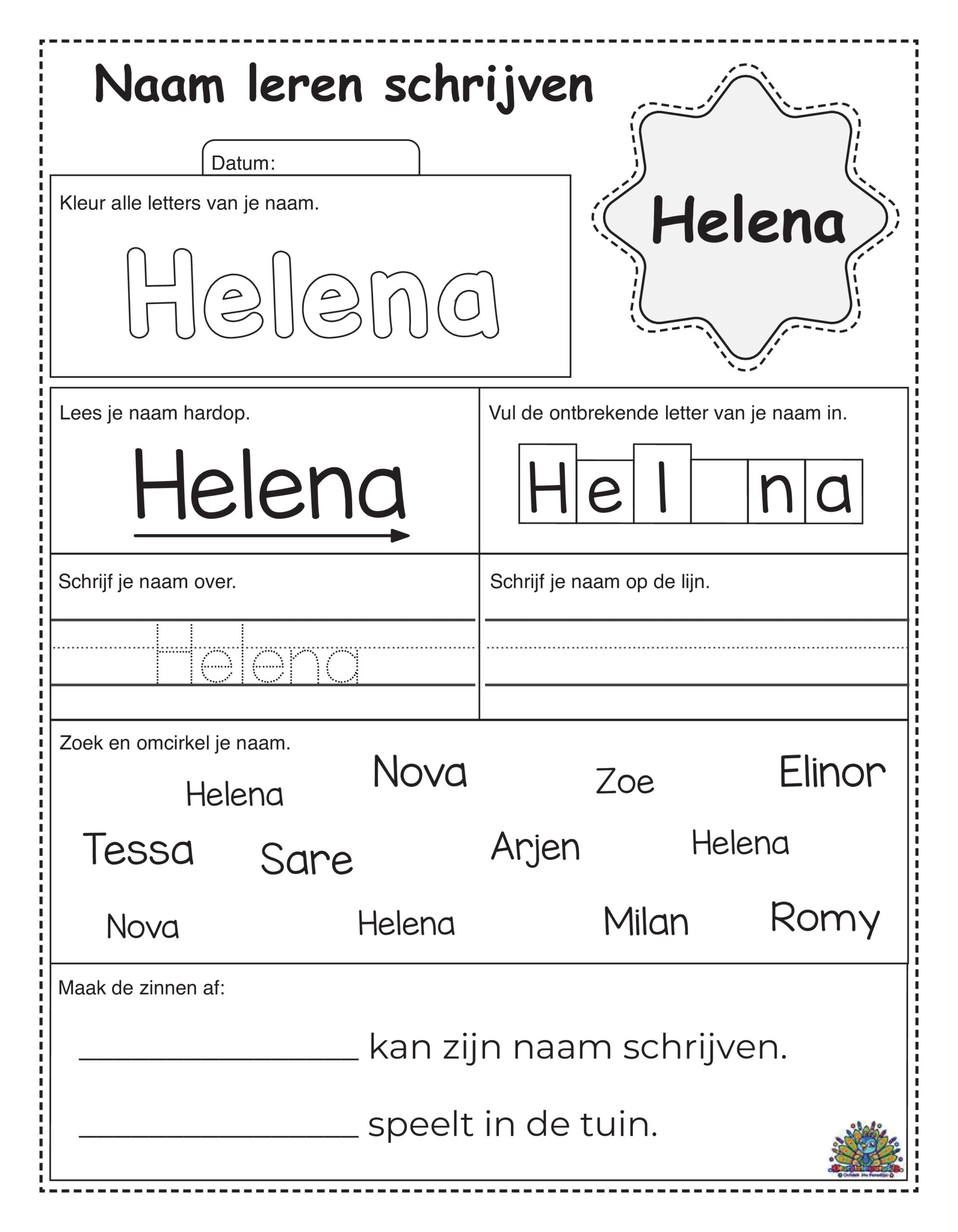 Werkblad om de naam Helena te leren schrijven met kleur-, lees- en schrijfoefeningen.