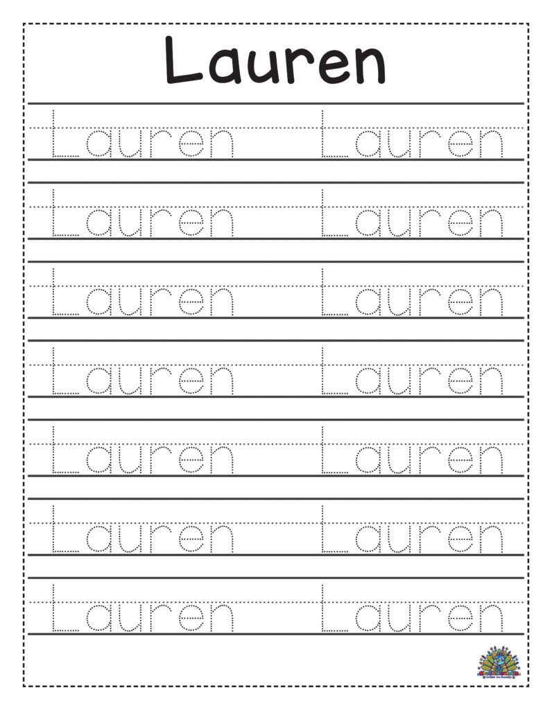 Werkblad om de naam Lauren te leren schrijven met oefenregels en stippellijnen.