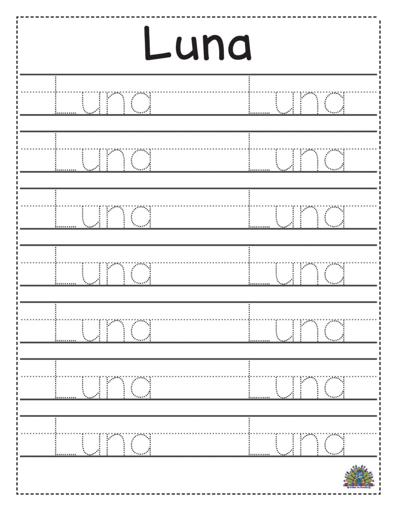 Schrijfblad met stippellijnen om de naam Luna te oefenen.