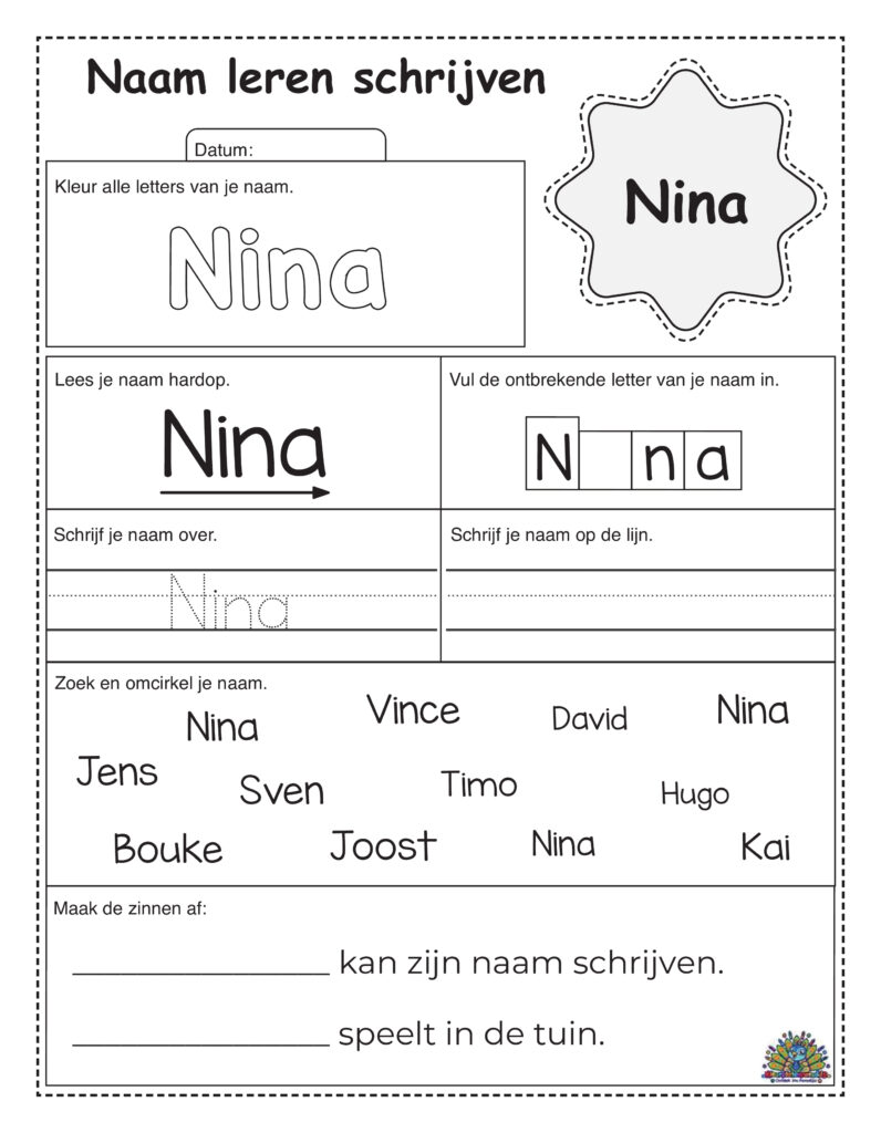 Werkblad om de naam Nina te leren schrijven met stippellijnen, kleurletters en zoekopdracht.