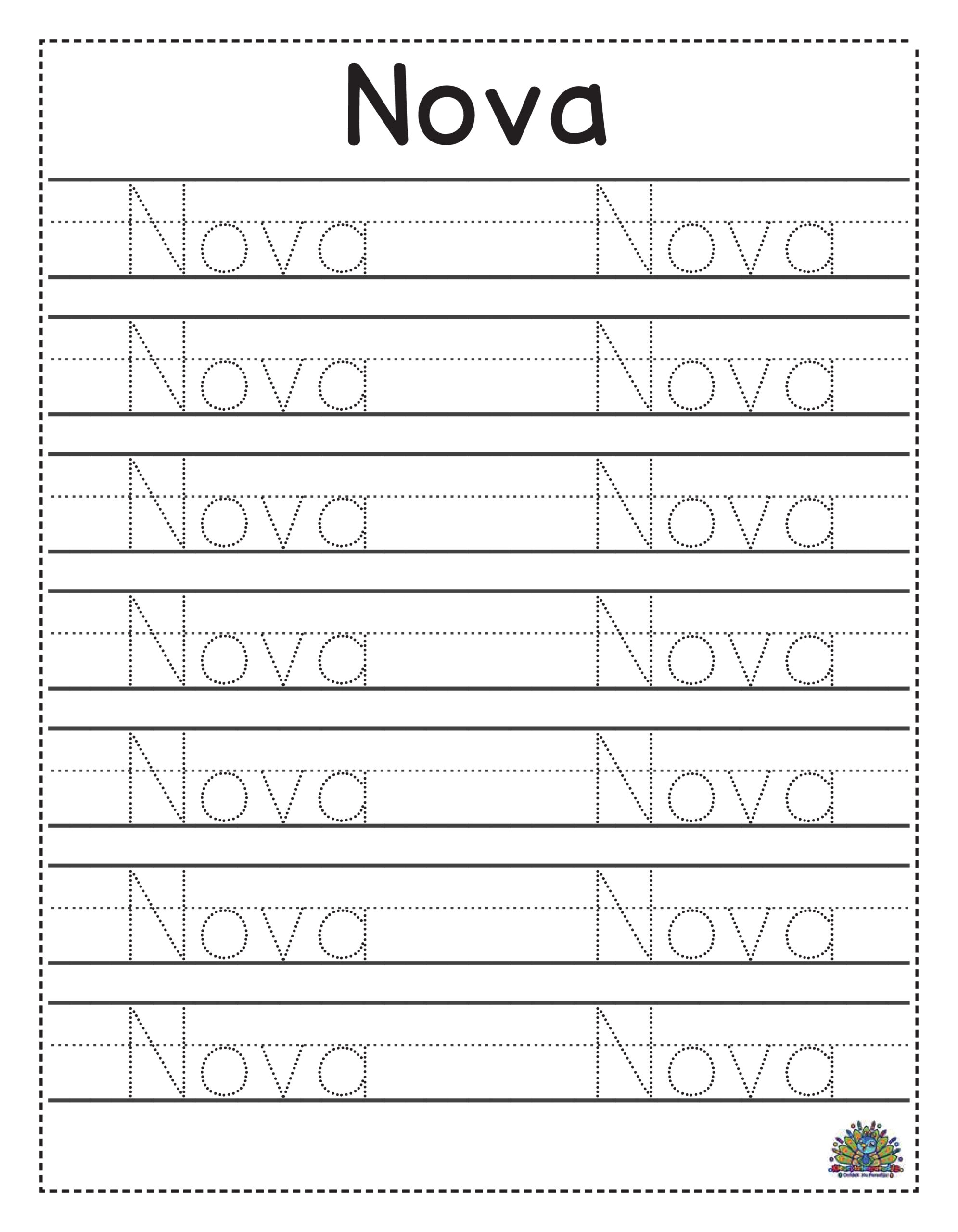 Werkblad om de naam Nova te leren schrijven met stippellijnen op schrijflijnen.