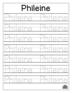 Oefenblad voor het schrijven van de naam Phileine met sporen om over te trekken