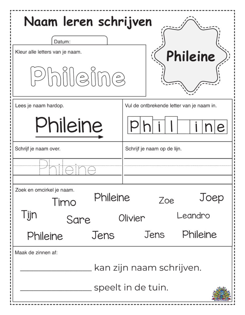 Educatief werkblad in het Nederlands voor het leren schrijven van de naam Phileine met diverse schrijf- en leesopdrachten