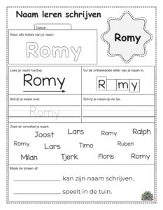 Oefenblad voor naam schrijven in het Nederlands met de naam Romy en kleur- en schrijfactiviteiten voor kinderen