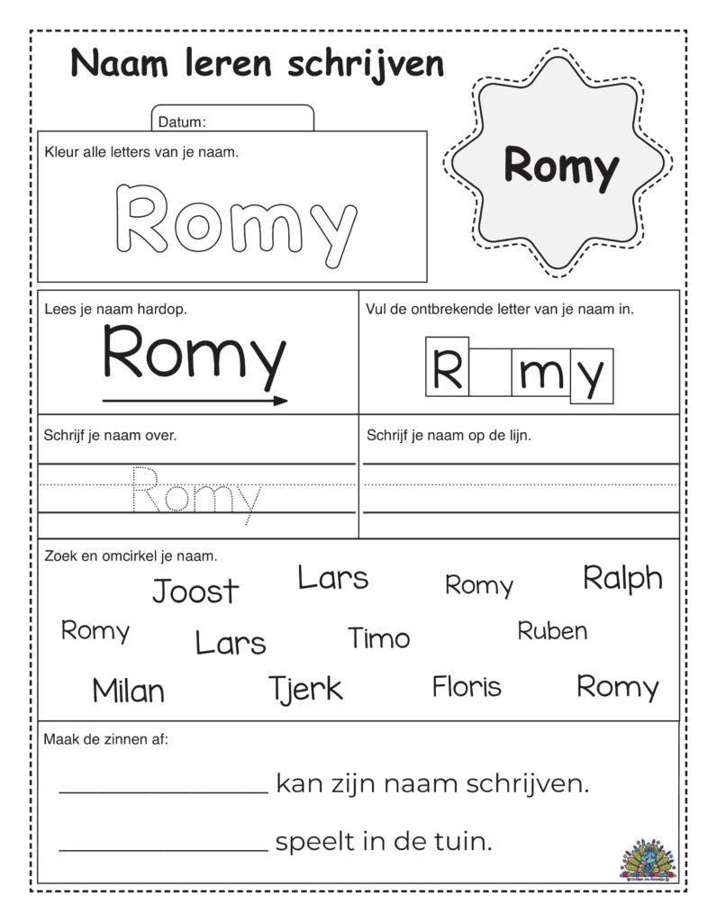 Oefenblad voor naam schrijven in het Nederlands met de naam Romy en kleur- en schrijfactiviteiten voor kinderen