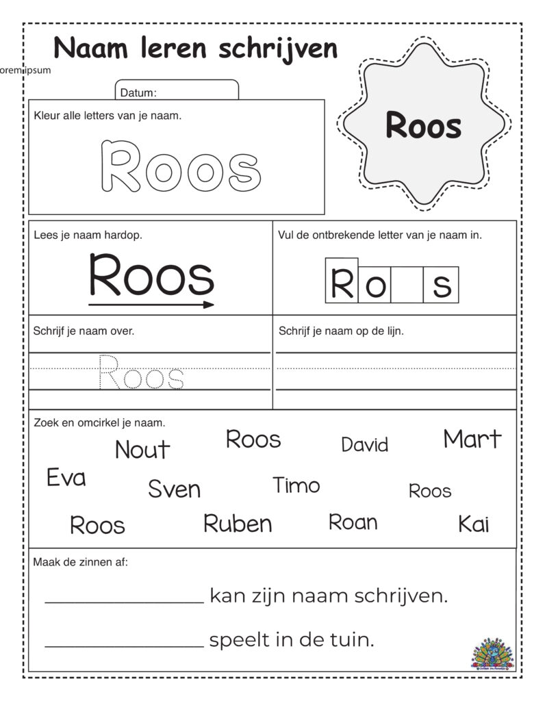Nederlands werkblad om kinderen te helpen de naam Roos te leren schrijven met schrijf- en herkenningsoefeningen