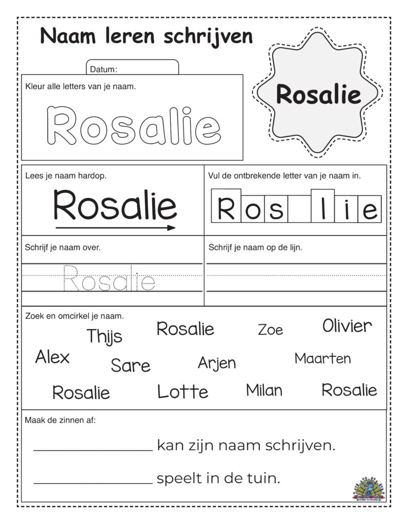 Een educatief werkblad voor kinderen om de naam Rosalie te leren schrijven met kleur-, traceer-, lees- en invuloefeningen.